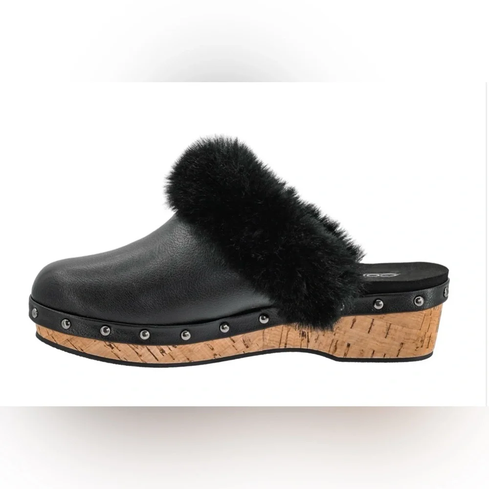 CORKYS Women's Just Fur Fun Black Wedge Slip On Fur Lined Studded Mules 10 New